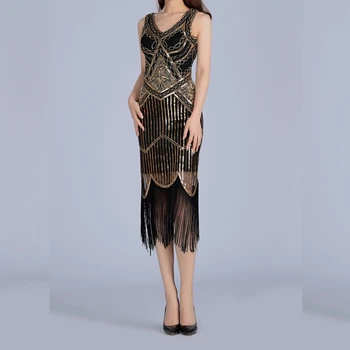 

2019 The Newest Women Elegant Vestidos Gold Silver Celebrity Sleeveless Fashion Tassel Sequined Top Grade Party Midi Dress