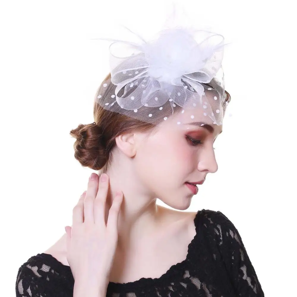WELROG вуалетки шляпа для женщин цветок сетки ленты перья фетровые шляпы повязка на голову или клип коктейль Чай Вечерние головные уборы для девочек - Цвет: 28B