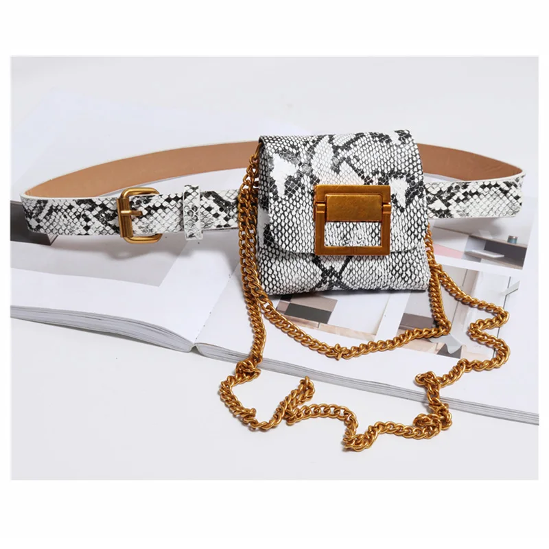 Мини поясная сумка в стиле ретро, женская маленькая сумка из змеиной кожи с металлической пряжкой, поясная сумка с двойной цепочкой двойного назначения для женщин 022801 - Цвет: White  wait bag