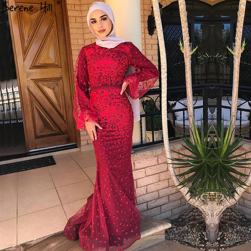

Muslim Lace Long Sleeves Mermaid Evening Dresses Latest Design Wine Red Evening Gowns Long 2019 Serene Hill LA60879