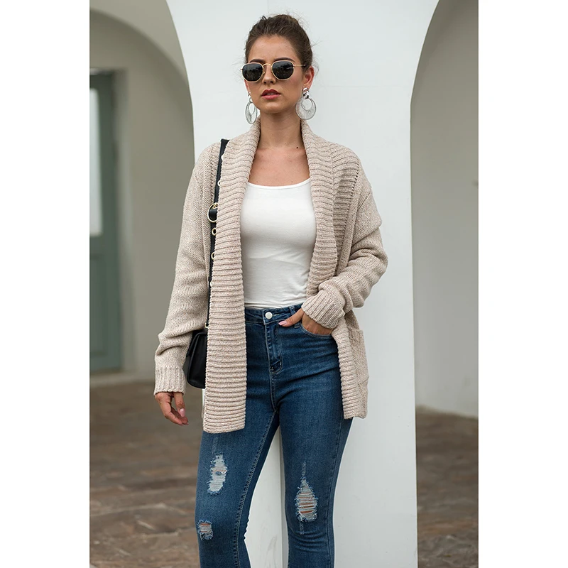  Women Clothing Sexy Solid Long Sleeve Casual Warm Knitted Cardigan European Style All-match Loose A