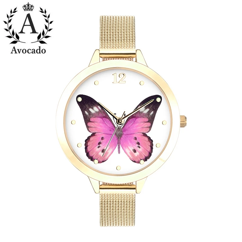

Avocado Women Watche Color Butterfly Geneva Ladies Watch Quartz Wristwatch Fashion Reloj Mujer Relogio Feminino Gold Mesh Belt