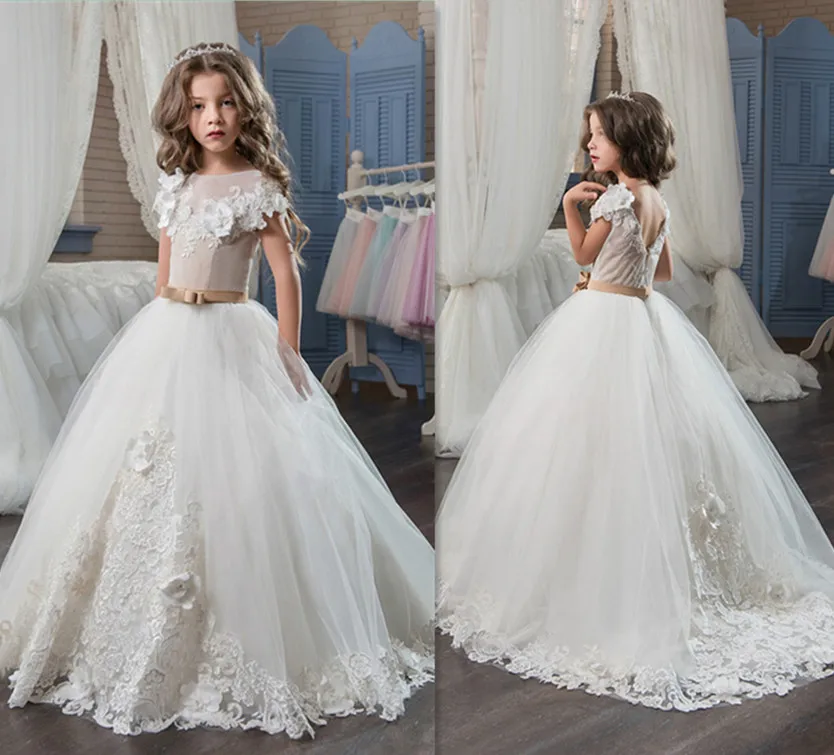 White Puffy Birthday Dress Little Princess First Communion with Sash Handmade Flower Ball Gown Girl Dresses | Детская одежда и