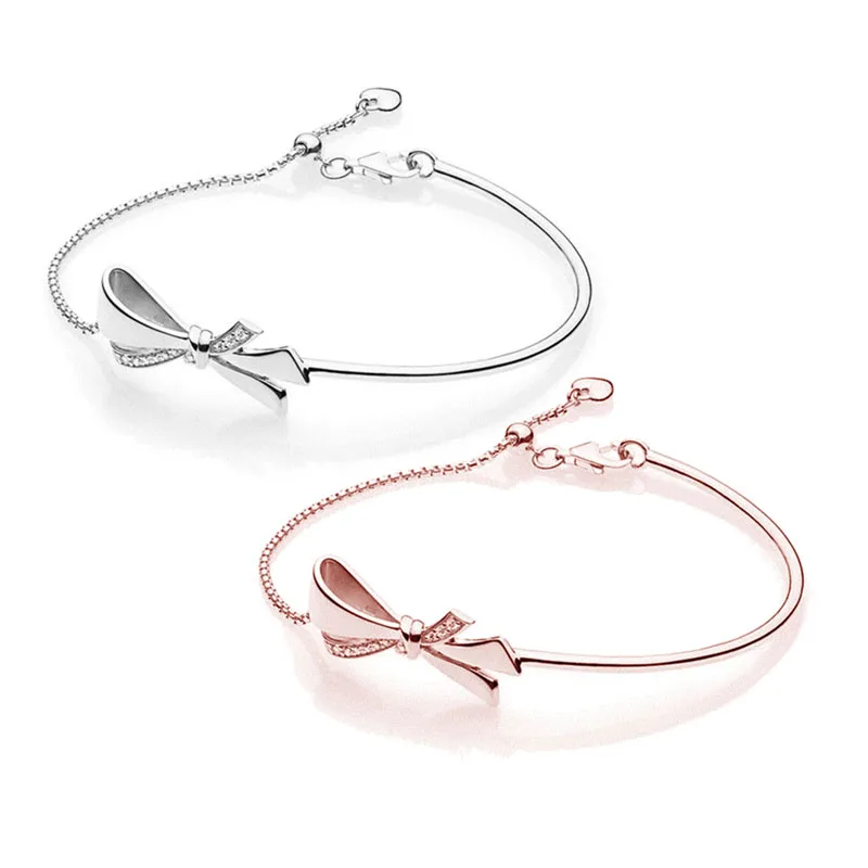 

Authentic 925 Sterling Silver Bead Charm Bangle Fit Original Pandora Brilliant Bow Bracelet Rose Gold for Women DIY Jewelry Gift