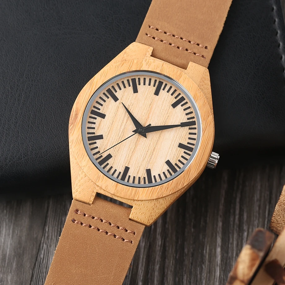 YISUYA Men Bamboo Watches Brown Natural Genuine Leather Strap Wooden Wrist Watch Quartz Clock Watch Casual for Women Best Gift (11)