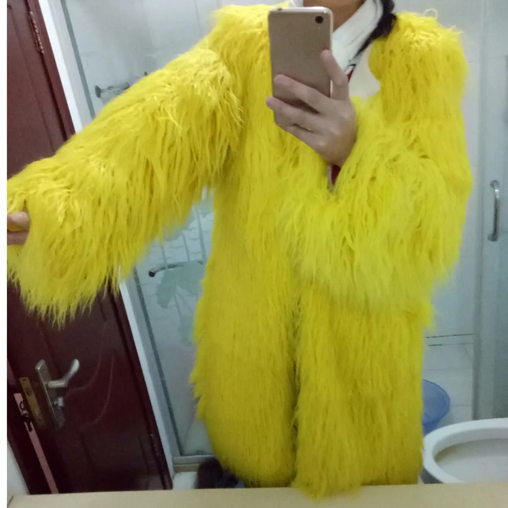 Осень Зима сплошной Яркий желтый длинный рукав искусственный мех пальто для женщин ворсистый, пушистый пальто Верхняя одежда для женщин - Цвет: Цвет: желтый