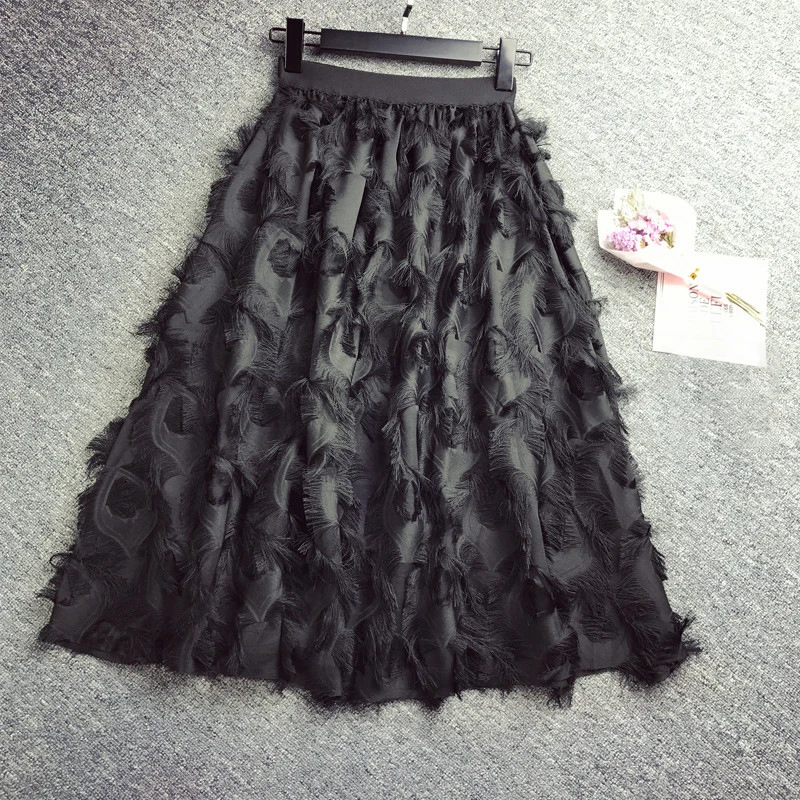 2018 New Fashion Feather Pattern Fringe Chiffon Skirts Women High Waist Solid Skirt Female