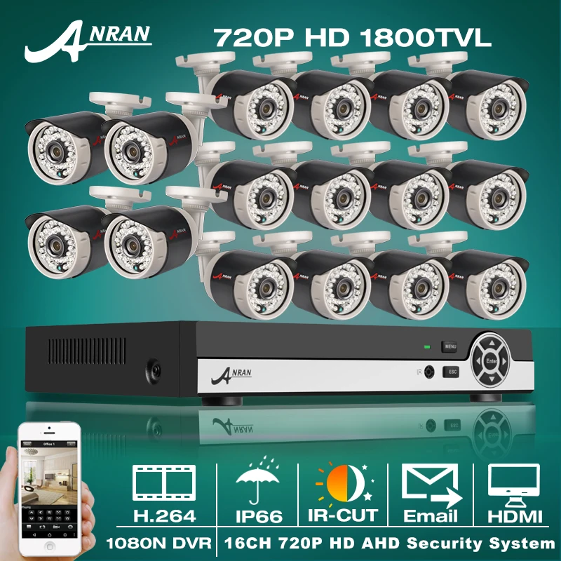 ANRAN 16CH CCTV Bullet Camera System 1080N Output HDMI DVR 720P 1800TVL IR Outdoor Home Security Camera Video Surveillance Kits