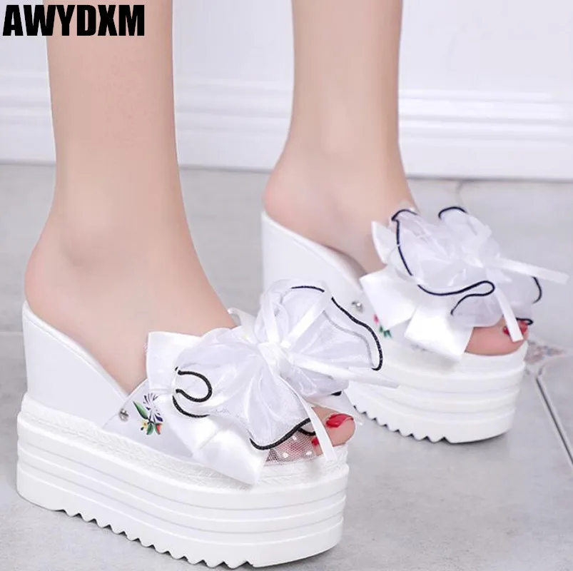 

Women slippers summer new open toe Bow Sweet platform Slide ladies outdoor Beach rivet super High heel slipper woman shoes S367