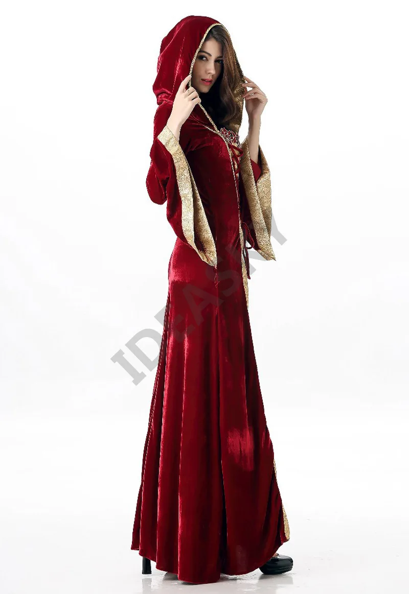 Ренессанс платья в средневековом стиле фиолетовый для женщин Robe готика для девочек Принцесса Королева бархат горничной Хэллоуин костюм с капюшоном Косплей