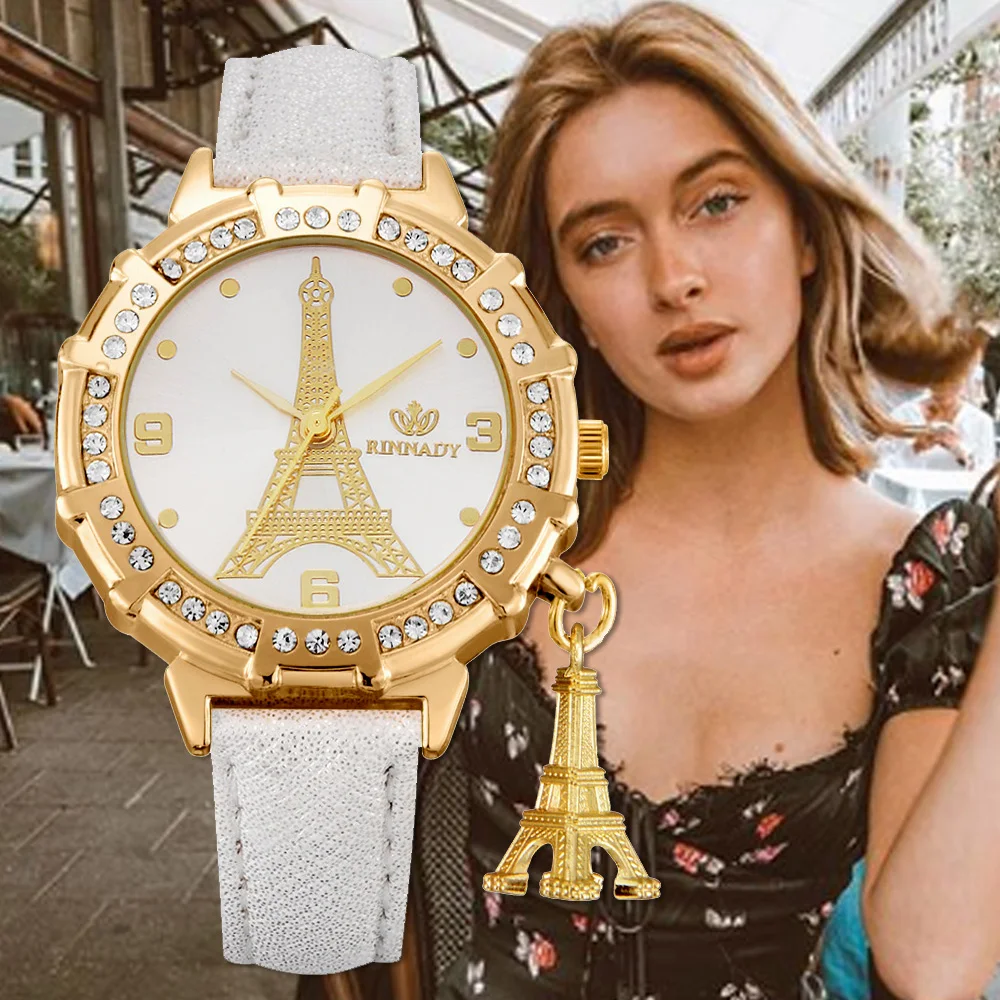 

Fashion Leather Band Sports Watches For Women Luxury Gold Tower Pendant Fashion Creative Dress Quartz Clock Gift Relogio