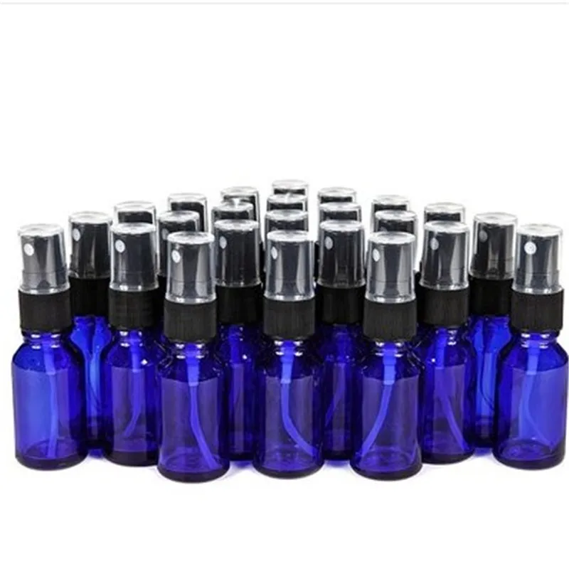 

24, Cobalt Blue, 15 ml (1/2 oz) Glass Bottles, with Black Fine Mist Sprayer's refillable essential oil bottles