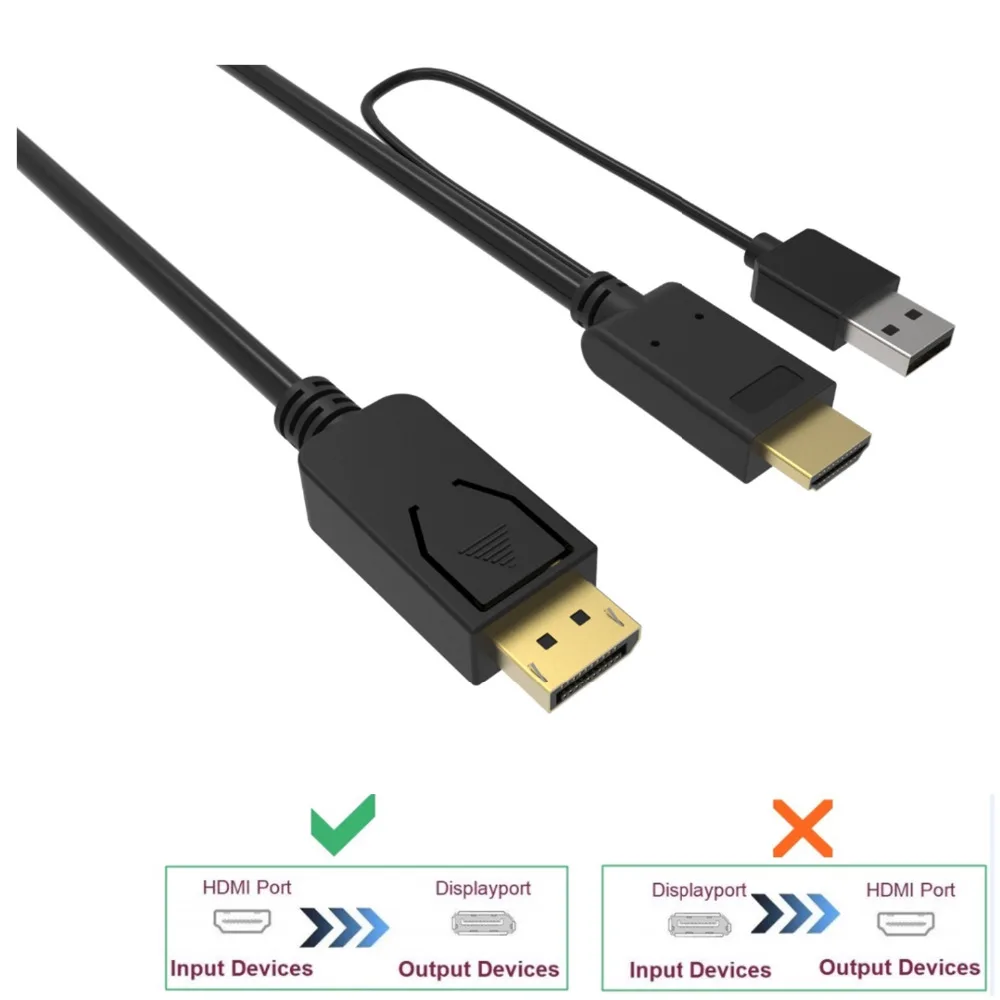 Hdmi к displayport кабель с usb питания hdmi К dp мужчин и женщин конвертер адаптер 2 м для macbook dell монитор hdtv ПК