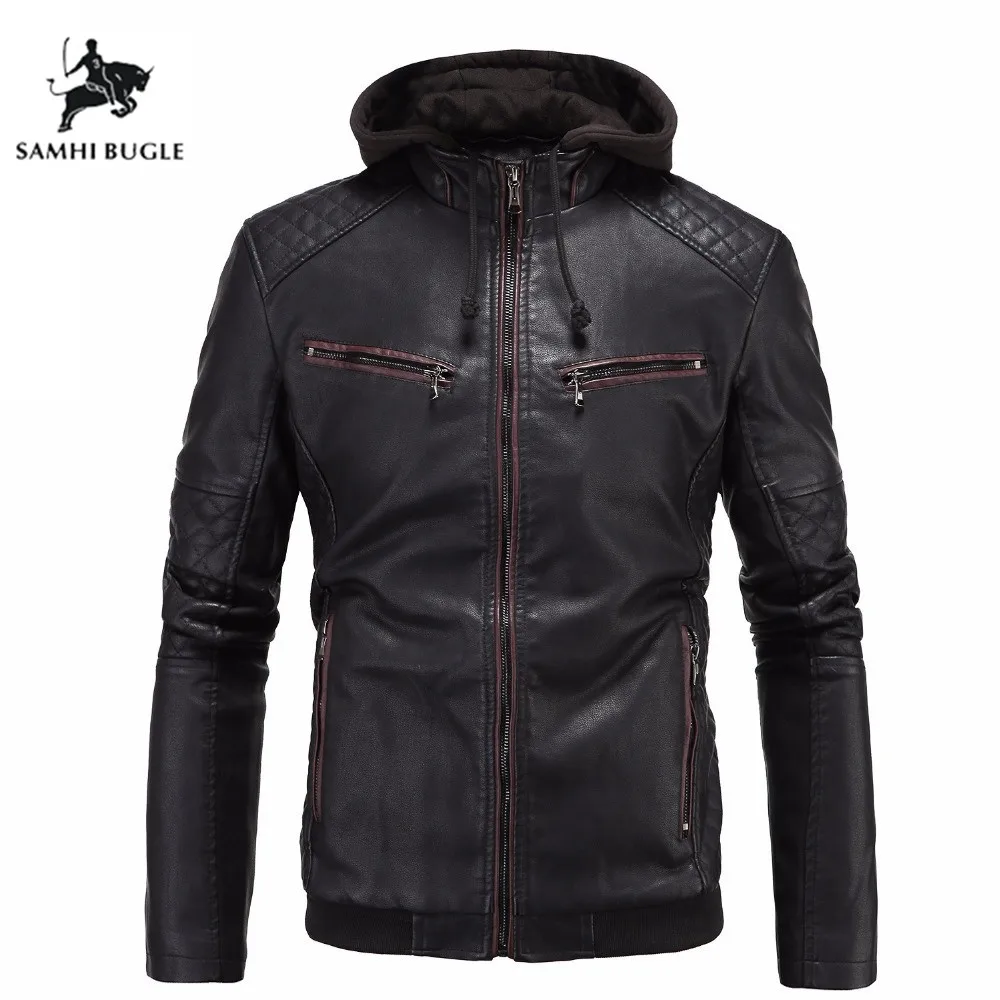 Black Faux Leather Jacket Men PU Leather Hoody Moto Jacket Man Bomber Motorcycle Jacket Hoodie