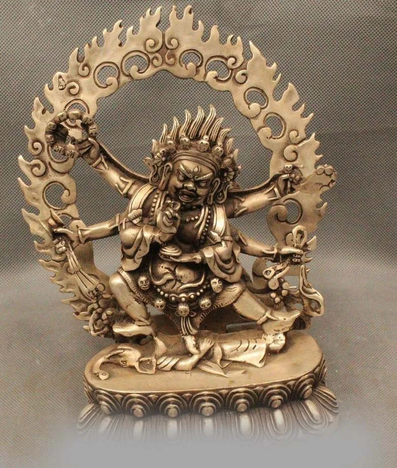 

9" Tibet Tibetan Buddhism Folk Silver 6 Hands Arms White Mahakala Buddha Statue
