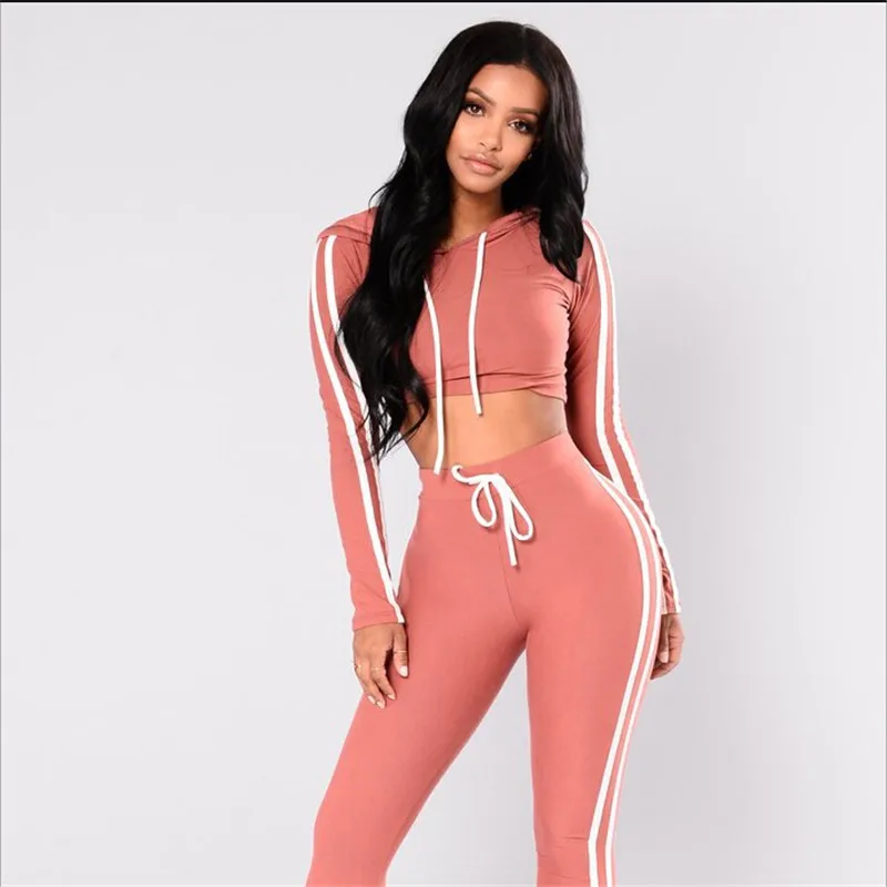 

2Pcs Stylish Sexy Women Ladies Tracksuit Full Sleeve Hooded Crop Tops Full Pants Striped Clothes Sets Outwear Casual Tracksuits