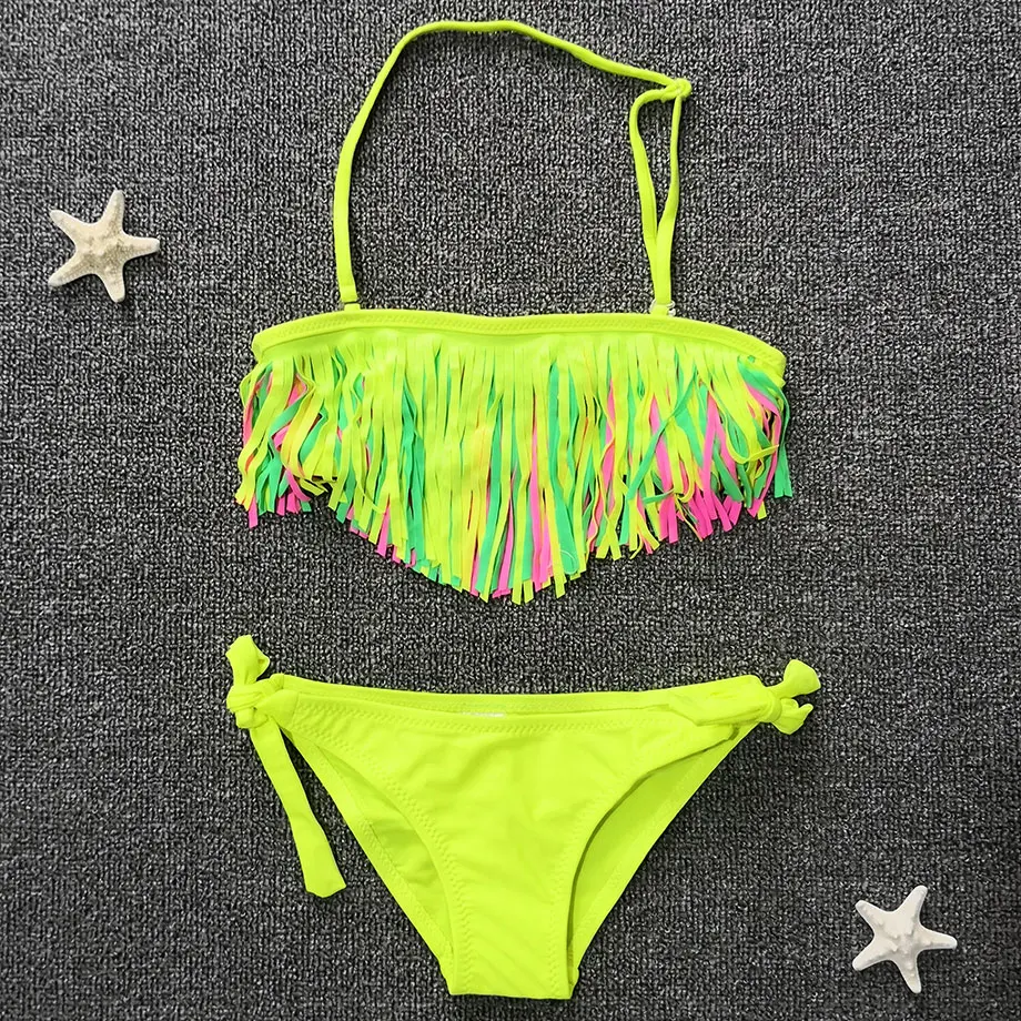

7-14 Years Girl Swimsuit Kids Two Piece Split Children's Swimwear Tassel Teenager Girl Bikini Set Child Swimming Bathing Suits