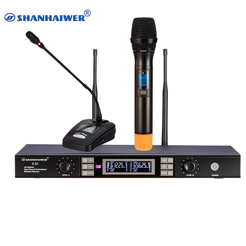 

High Sensitive 2 Channels UHF mic system Compatible Handheld Wireless Karaoke Microphones Speakers and gooseneck conference mic