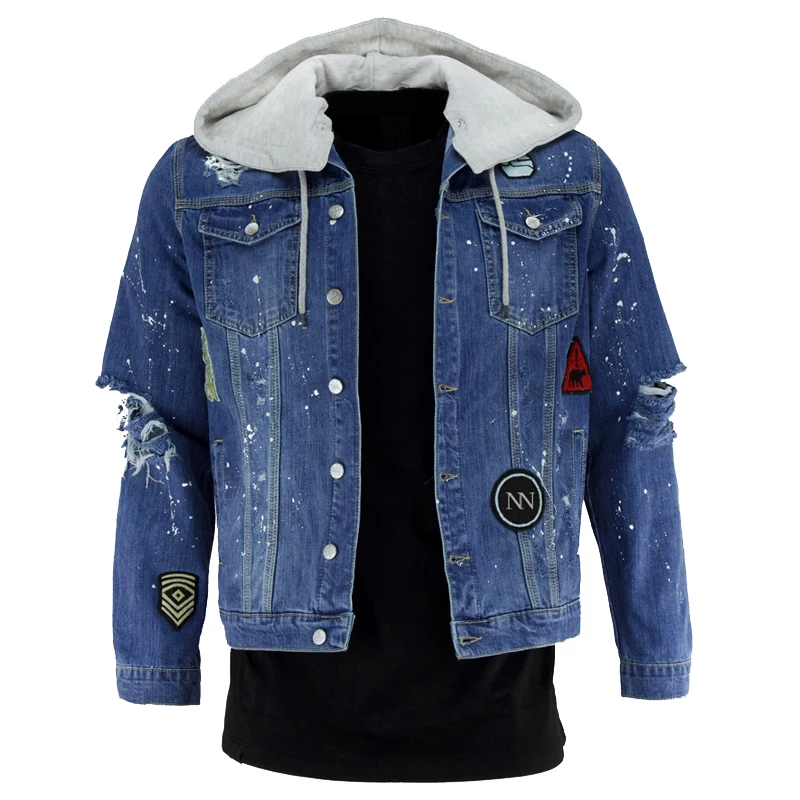 

New 2019 Cowboy Men's Embroidered Jacket Hooded Denim jacket Classic coat European US size Removable hat