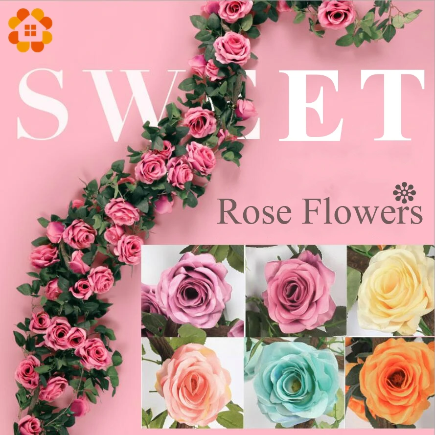 

1PC 240CM Artificial Flowers Rose Silk Rose Flower With Ivy Vine Artificial flower String for Wedding Decoration Flower Garland