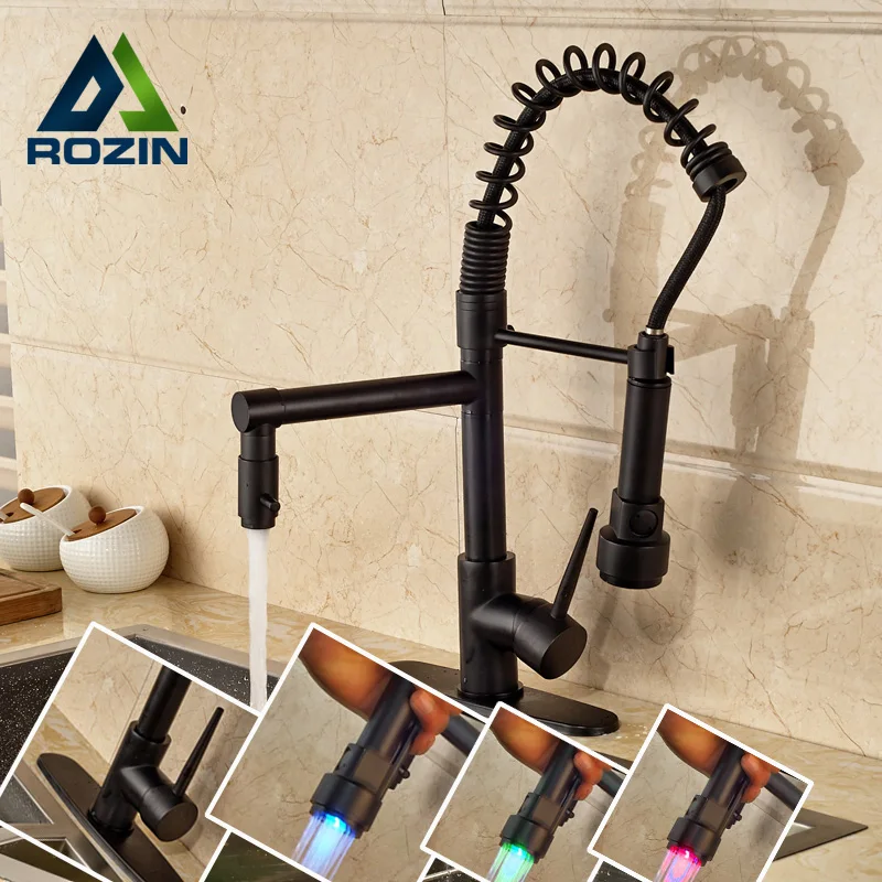 

LED Light Kitchen Faucet Swivel Spout Spring Vessel Sink Mixer Tap Single Handle Oil Rubbed Bronze Finish