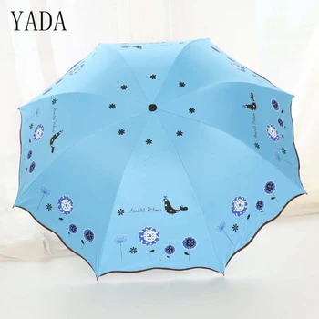 

YADA Blue Flower & Bird Black Coating Three Folding Umbrella Rain Women uv High Quality Umbrella Car For Womens Windproof YS038