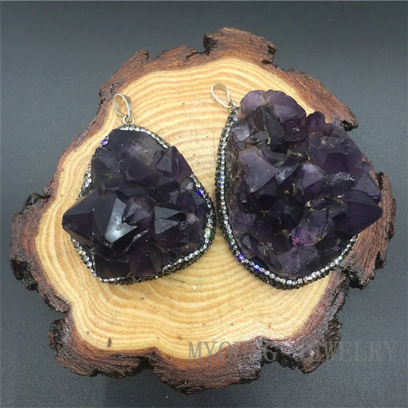 MY1310 Freeform Large Raw Amethysts Nugget Purple Crystal Druzy Pendant With Rhinestone Paved edges (1)