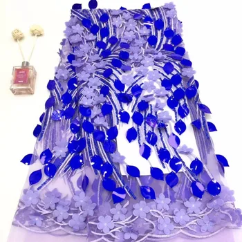 

African Sequins Lace Fabric 2019 Embroidered Nigerian Laces Fabrics High Quality French Tulle Lace Fabric For Women Royal blue(4