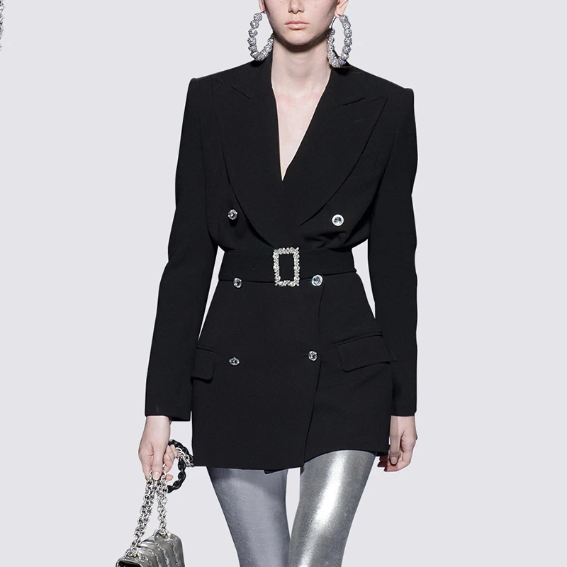 

European New Arrival Celebrity Style Women Notched Straight Dresses Double Breasted Diamonds Belt Black Office Lady Dress