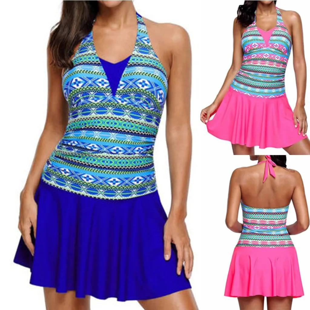 

ISHOWTIEND Women Swimming Costume 1 Piece Padded Halter Skirt Swimwear Swimdress Swimsuit Costumi da bagno sexy stile etnico#35