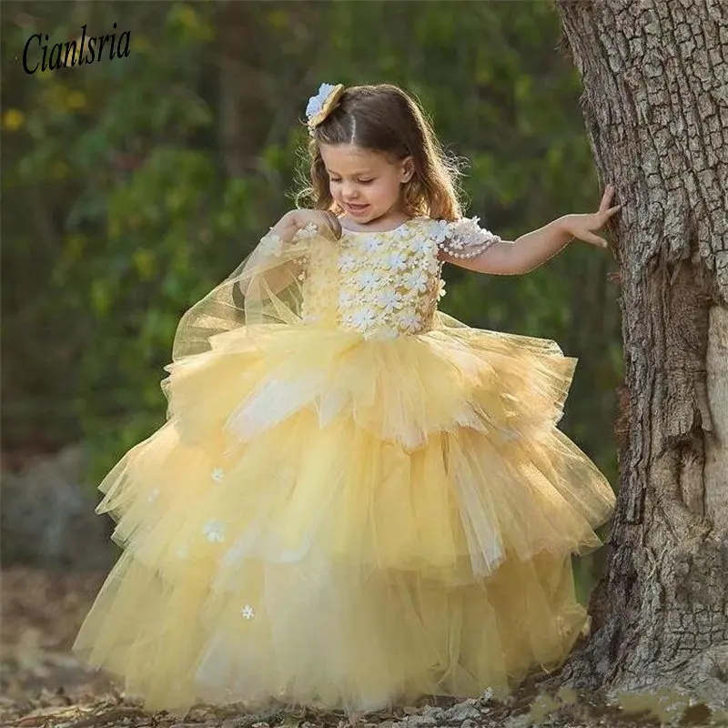 Желтые многоярусные Бальные платья для принцессы, платье с цветочным рисунком для девочек, с цветочной аппликацией ручной работы, жемчугом, открытой спиной, на заказ, Пышное Платье - Цвет: same as pic