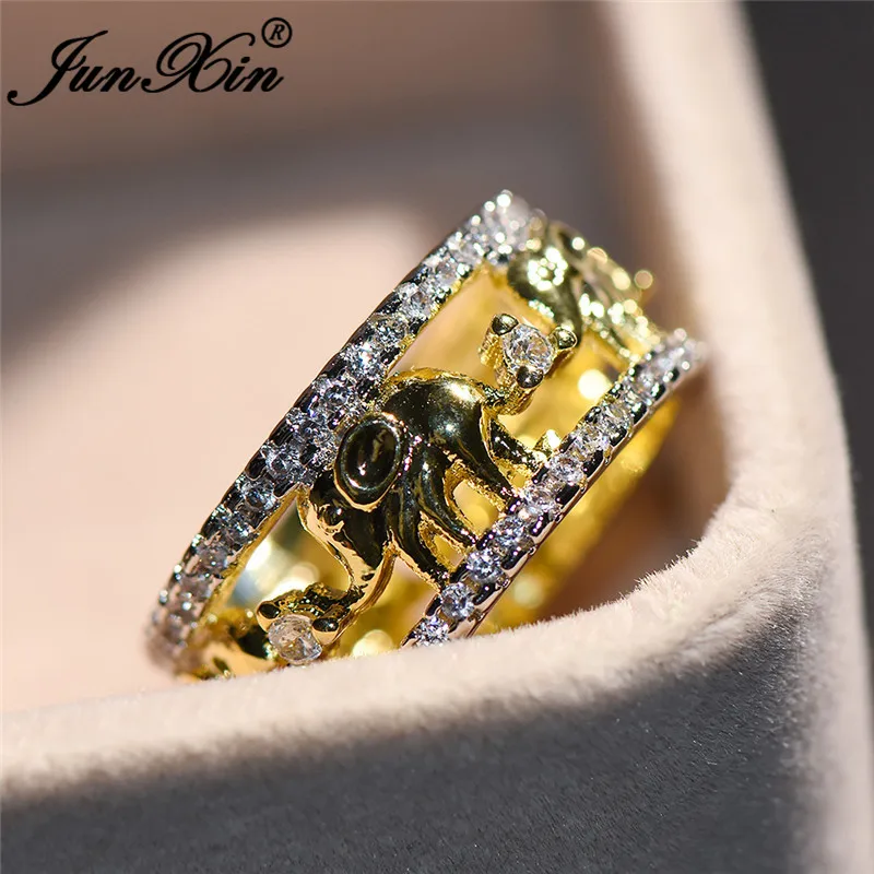 JUNXIN Cute Gold Color Elephant Finger Ring Luxury White Zircon Promise Wedding Rings For Women Men Unique Animal Jewelry