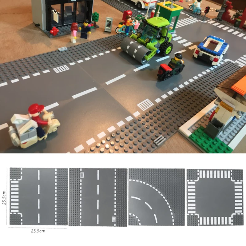 Road Plate Straight Crossroad Curve T Junction Building Blocks Parts