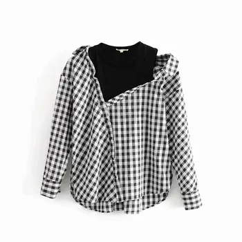 

2019 Fashion Elegant Off Shoulder Blouse Women Long Sleeve Patchwork Plaid Shirts Tops Ladies Korean Fake Two piece blouses