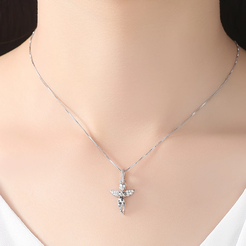 ELESHE Genuine 925 Sterling Silver Cross Necklace Fashion Jewelry Crystal Angel with Wings Pendant Necklace for Women Girls Gift