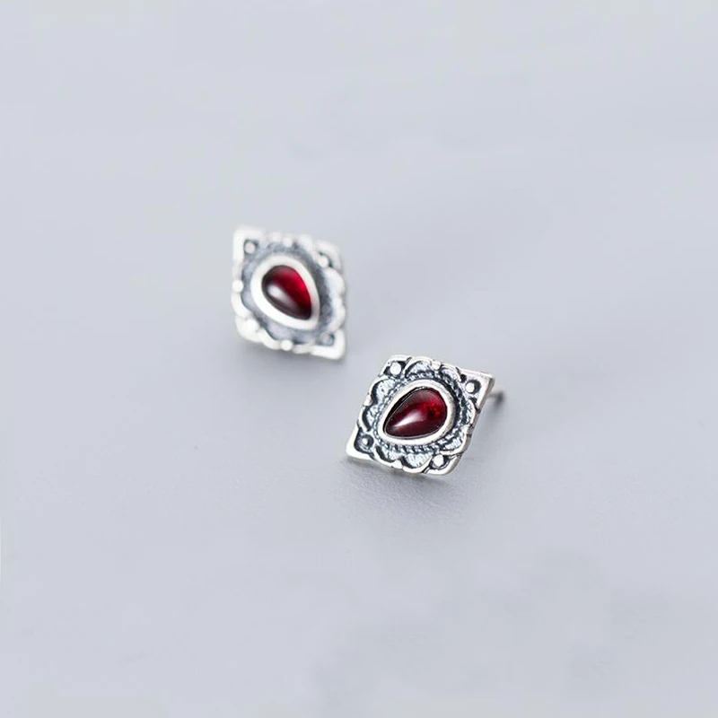 MloveAcc 925 пробы серебряные Винтажные серьги-гвоздики ювелирные изделия для женщин ретро антикварные серебряные серьги с красным камнем - Окраска металла: 925 Sterling Silver