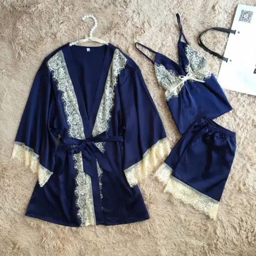 Summer 3PCS Women Lace Night Dress Silk Satin Pajama Sleepwear Robes Nightwear Gown Sets Female Clothing