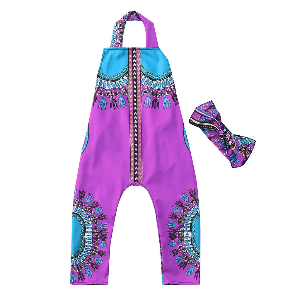 Одежда для новорожденных девочек в народном стиле, детский Африканский безрукавный комбинезон с принтом, повязка на голову, комбинезон - Цвет: Purple