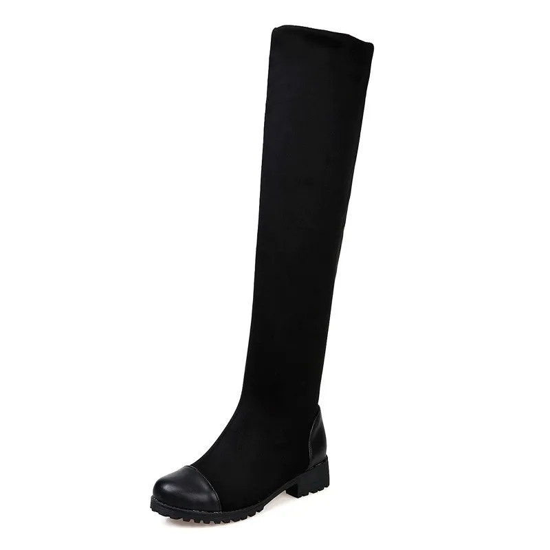 Высокие сапоги до бедра на низком каблуке; Женская Осенняя обувь из флока квадратном каблуке; женские Сапоги выше колена с круглым носком; Цвет черный, синий; A234 - Цвет: Black