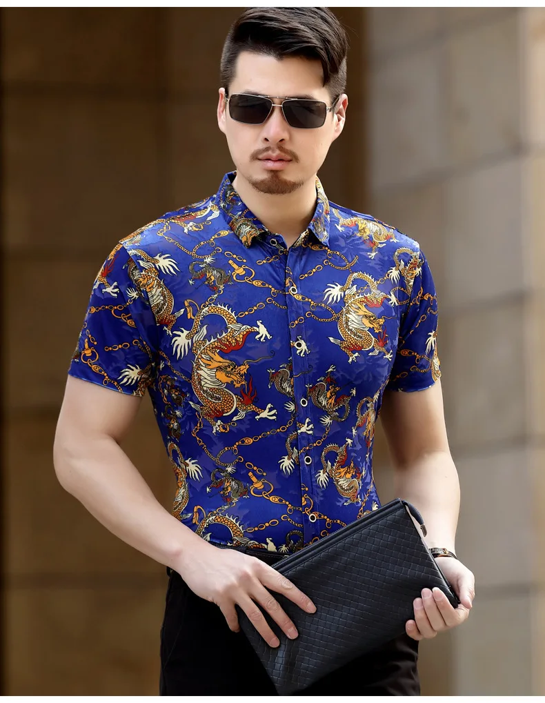Цветочный Рисунок дракона резной модный уличный с короткими рукавами рубашка Лето 2019New качество золотой бархат мягкая удобная мужская рубашка