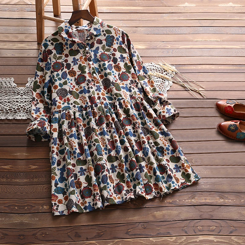 

Women Vintage Floral Printed Dress 2019 Casual Lapel Long Sleeve Loose Short Mini Shirt Dresses Pleated Vestidos Plus Size Tops