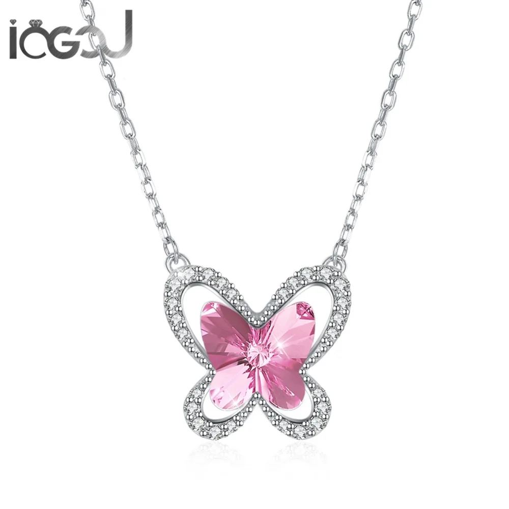

IOGOU 925 Sterling Silver Chain Necklace Pink/Sky Blue Butterfly Crystal From Swarovski Pendants with Ice Women's Party Jewelry