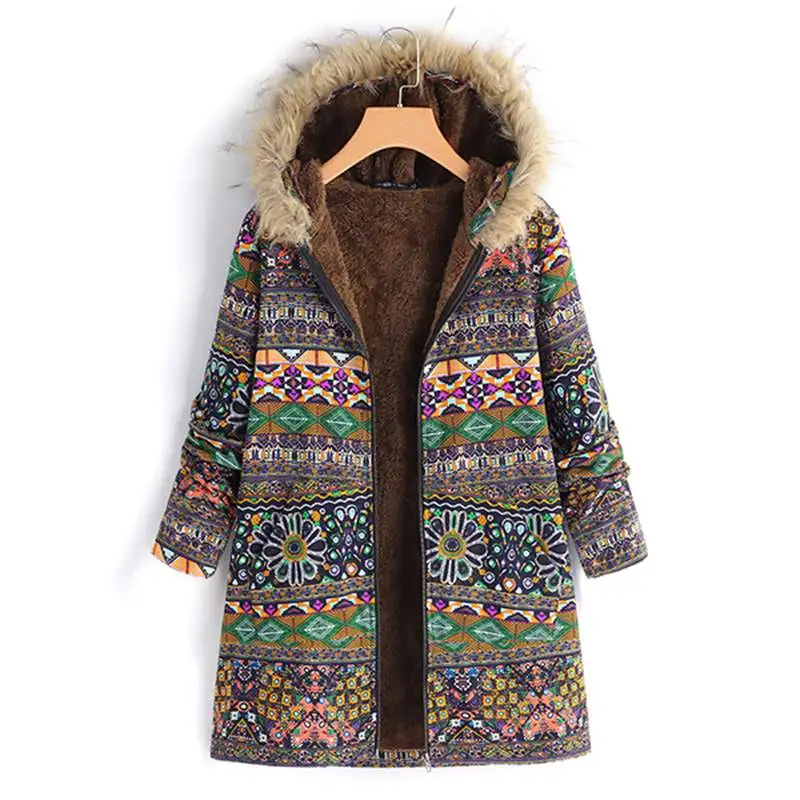 Women's jackets Winter Fleece Hooded Coat Ethnic Printed Faux Fur Outwear Female Casual Long Sleeve Coat Plus Size Overcoats 5XL