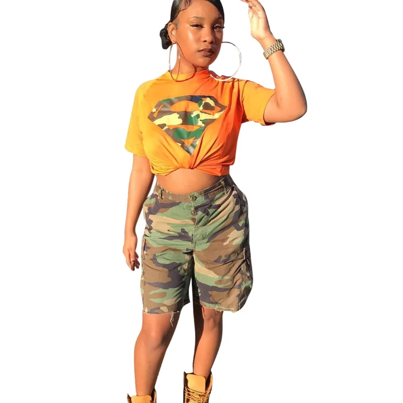 

Camouflage Print Two Piece Set Short Sleeve Tee Knee Length Pants Casual Playsuits Summer 2019 Bodysuit Activewear Loose Outfits