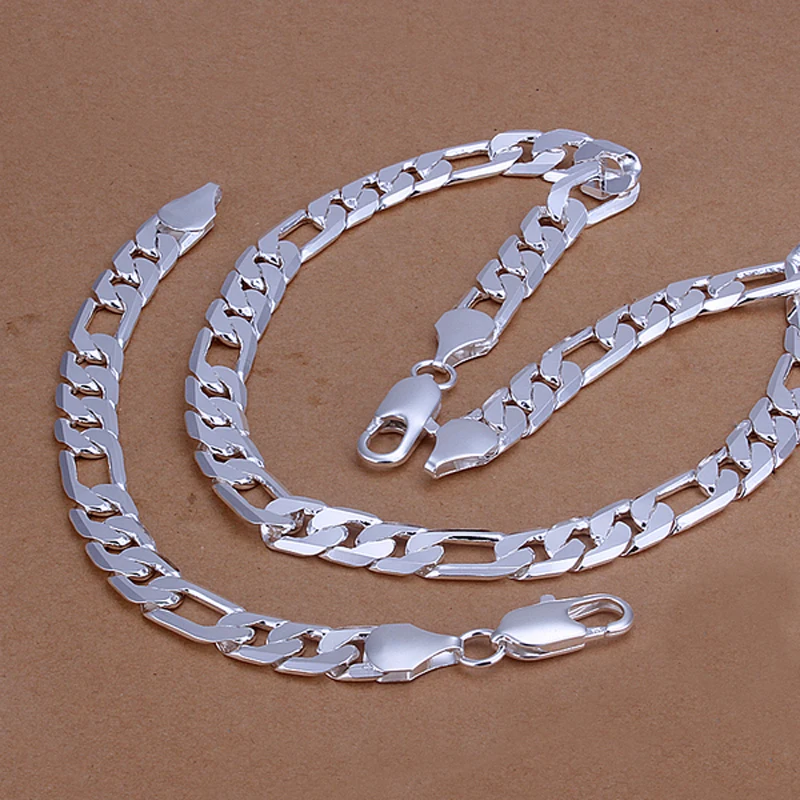 S086-925-silver-jewelry-set-12MM-Wide-smooth-flat-figaro-chains-necklace-bracelet-for-men-s
