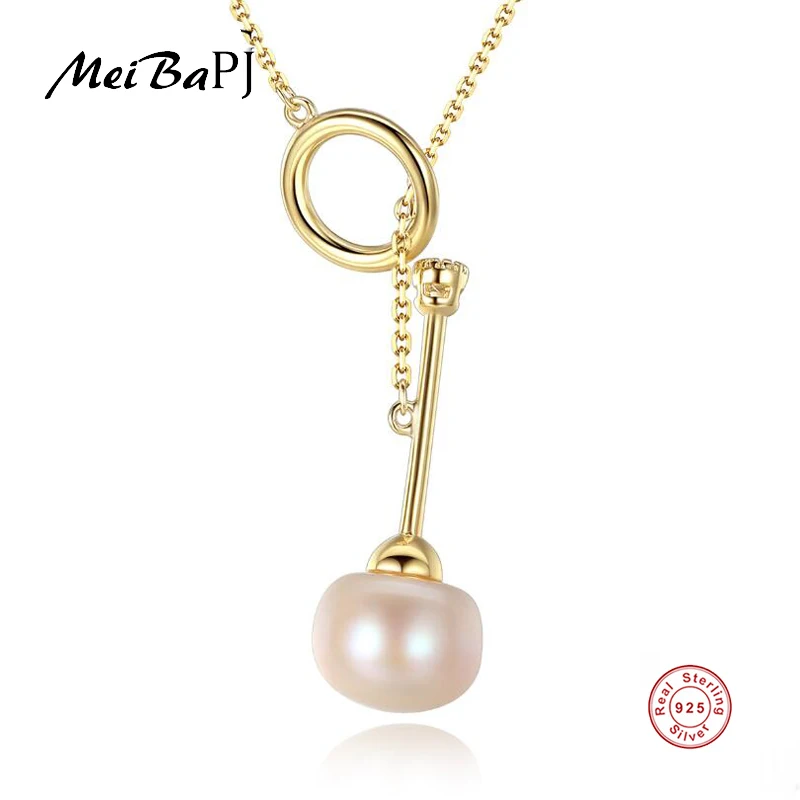 

[MeiBaPJ]Real Freshwater Pearl Simple Golden Symbol Pendant Necklace 925 Solid Silver Fine Jewelry for Women