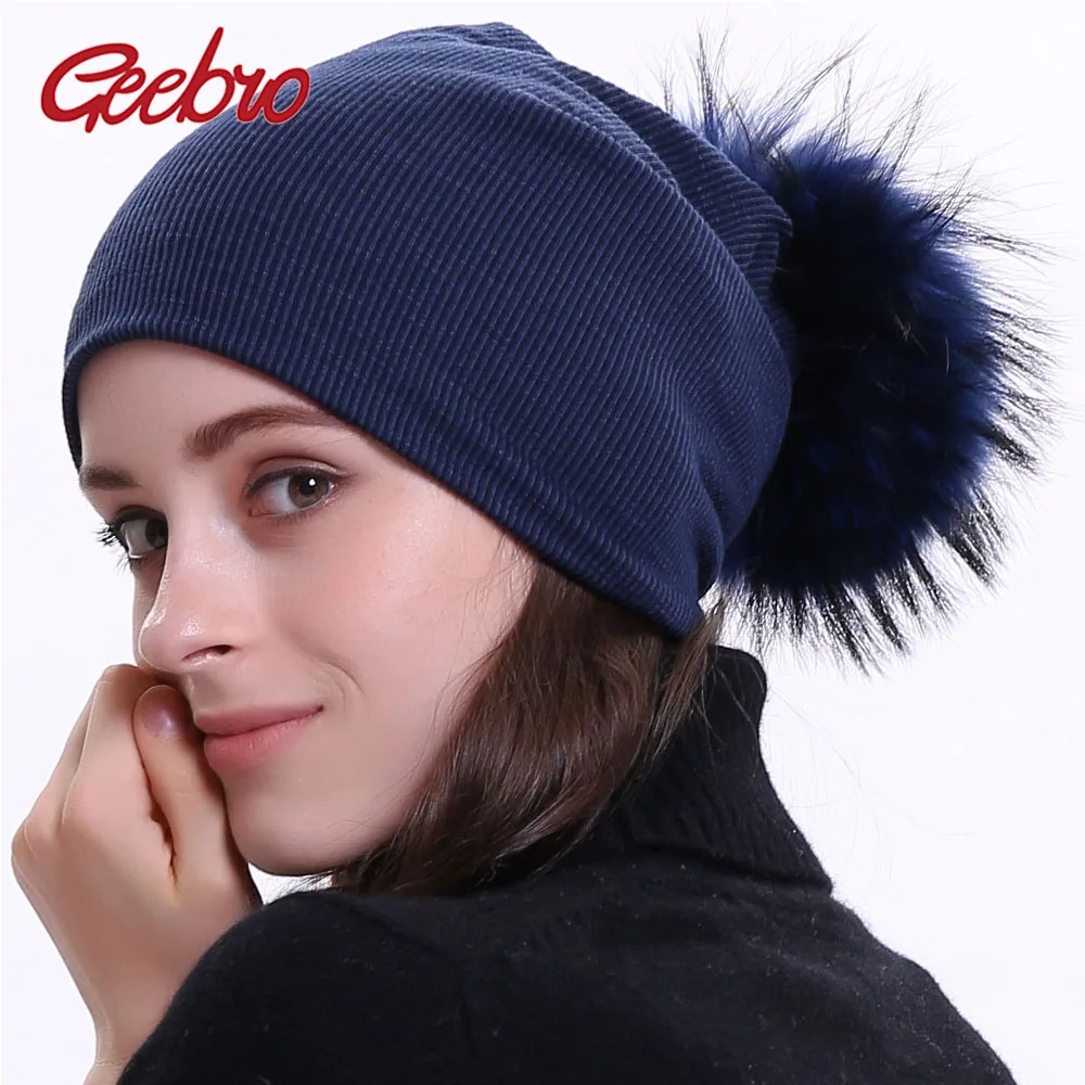 

Geebro Women's Ribbed Beanies Spring Knitted Beanie Hat with Pompom Winter Cap Solid Color Slouchy Hats Skullies chapeu feminino