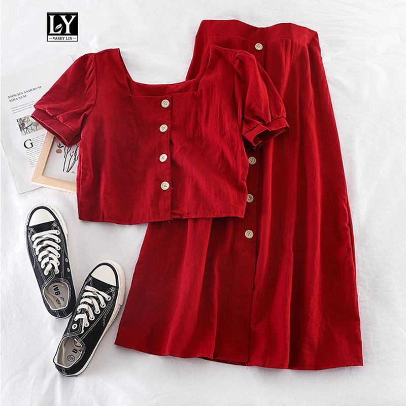 

Ly Varey Lin 2 Piece Set Women Single Breasted Short Tops And Elegant High Waist Medium Long Skrits Female Summer Suits Set