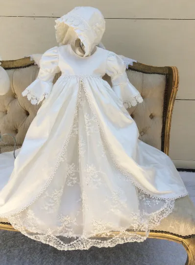 ON SALE Vintage 2017 Infant Christening Gown White Ivory Baby Girls Baptism Dress Lace Applique Robe