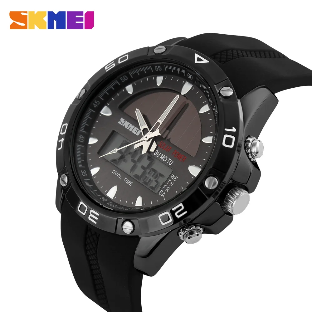 SKMEI для мужчин Солнечный Dual Time дисплей часы хронограф 50 м водостойкие спортивные